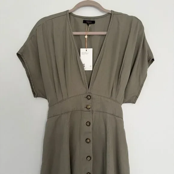 Quince Olive Green Tencel Button Front Dress Tie Waist V-Neck Short Sleeve M - Picture 2 of 7